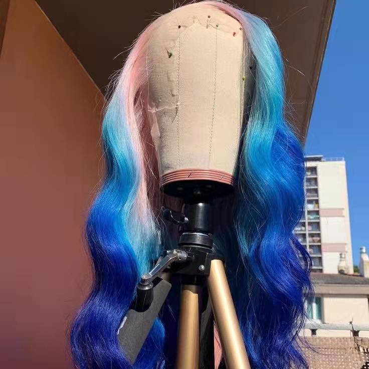 New Ombre Pink Blue Colour Brazilian Virgin Cuticle Aligned Human Hair Transparent Lace Front Wigs