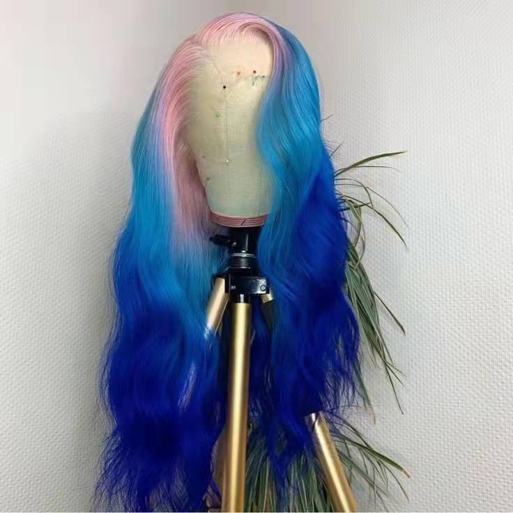 New Ombre Pink Blue Colour Brazilian Virgin Cuticle Aligned Human Hair Transparent Lace Front Wigs