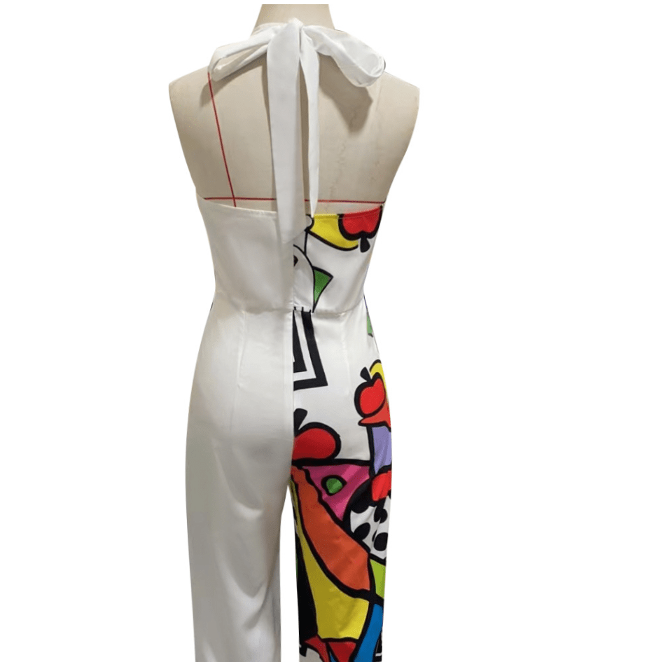 New Pattern Patchwork Office Overalls Playsuit Women V-neck Sleeveless Hanging Neck Jumpsuits Elegant Wide Leg Pants Rompers