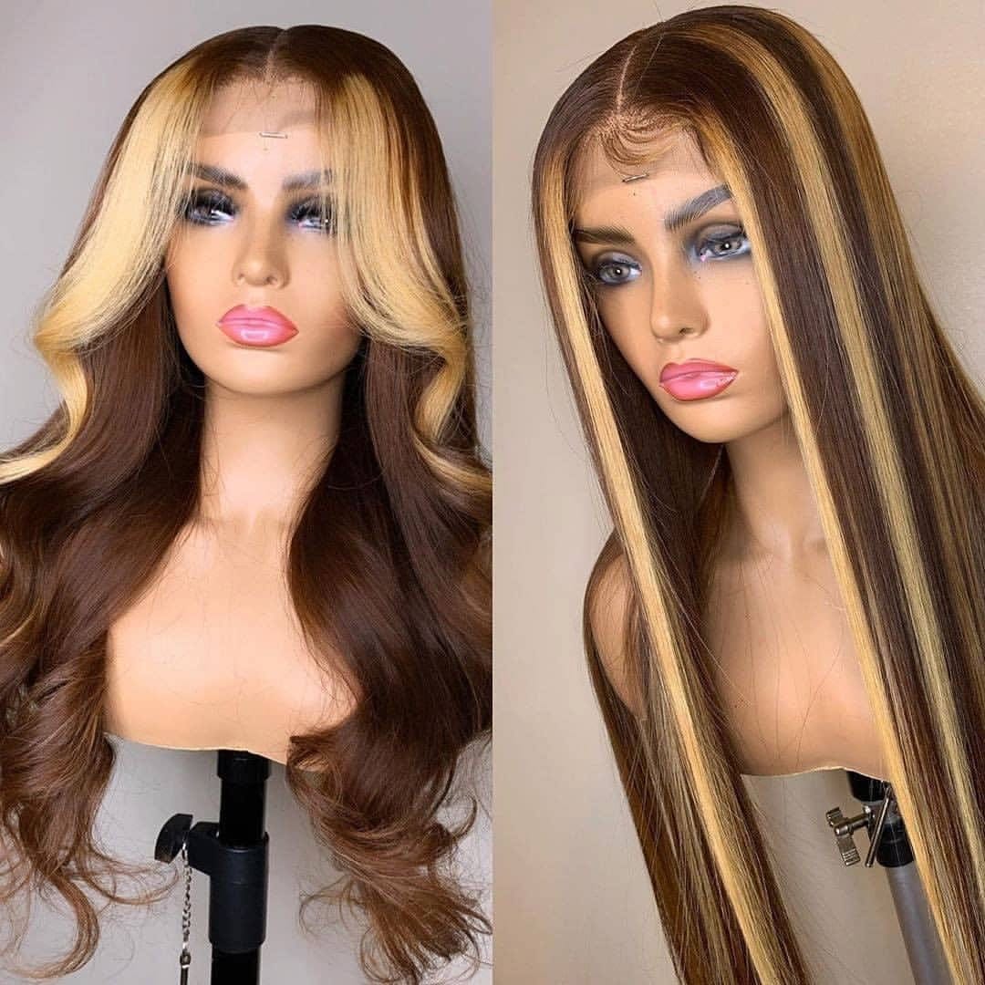 New piano colored swiss lace frontal Wig raw human hair 160% density ombre color highlight wig