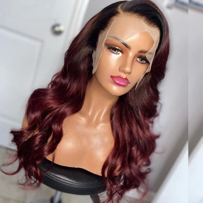 New Product Unprocessed Raw Human Hair Red Wine Color Body Wave Wig Cuticle Aligned Hair Transparent Lace Front Wigs
