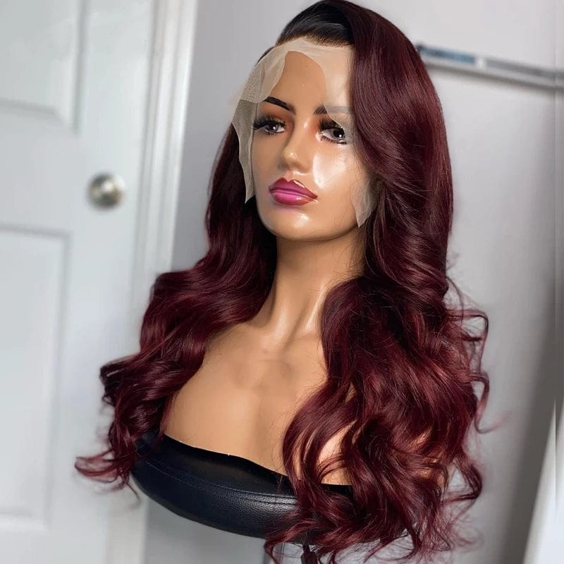 New Product Unprocessed Raw Human Hair Red Wine Color Body Wave Wig Cuticle Aligned Hair Transparent Lace Front Wigs