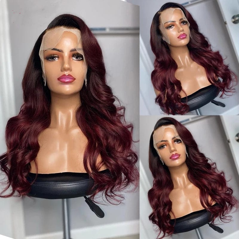 New Product Unprocessed Raw Human Hair Red Wine Color Body Wave Wig Cuticle Aligned Hair Transparent Lace Front Wigs