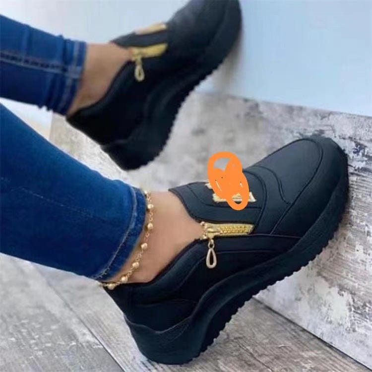 New Pu Black Side Zipper Ladies Footwear Casual Walking Flat Single Sneakers Sport Women Side Zipper Shoes