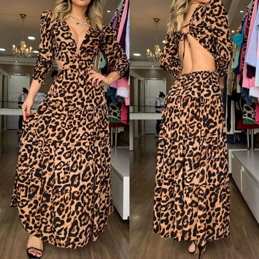 New Sexy Backless Long Dress Leopard Print Women's Dresses Elegant Plus Size Clothing