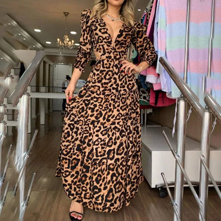 New Sexy Backless Long Dress Leopard Print Women's Dresses Elegant Plus Size Clothing
