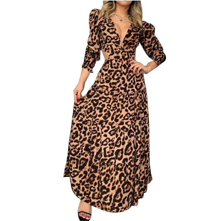 New Sexy Backless Long Dress Leopard Print Women's Dresses Elegant Plus Size Clothing