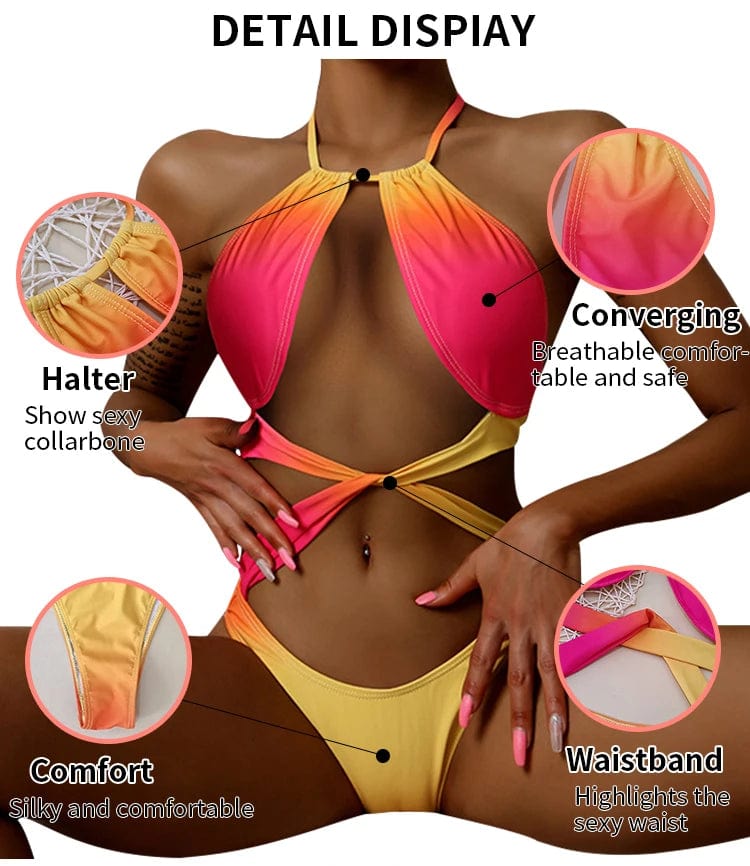 New Sexy Mature Women Hypercolor Gradient Backless One Piece Womens Padded Cut Out String Swimsuit