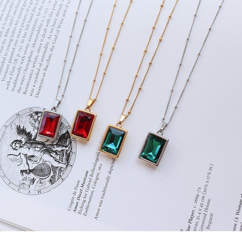 New Stainless Steel Zircon Stone Pendant Necklace Women Stylish Metal Red Green Color Square Collar Necklace Holiday Gift