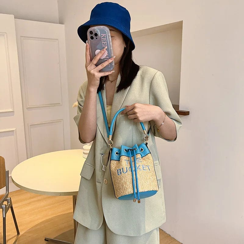 New Straw Bucket Tote Bag For Women Crossbody Female Handbag Solid Words Letter Leisure PU Luxury Designer Fashion Shoulder Bag