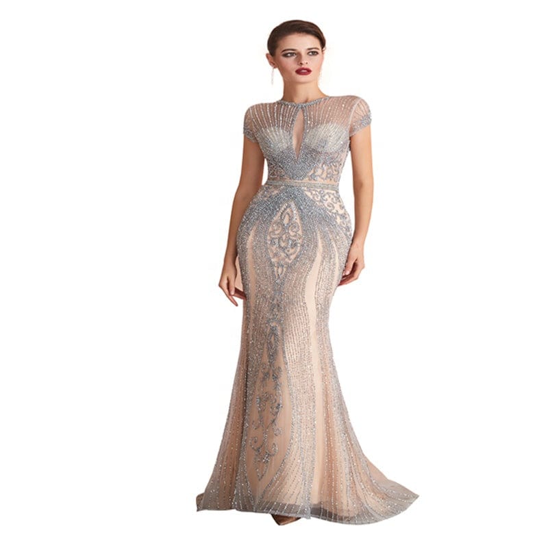 New Style Breathable Plus Size Short Sleeve O Neck Floor Length Ladies Luxury Sexy Lace Crystal Embroidered Beaded Evening Dress