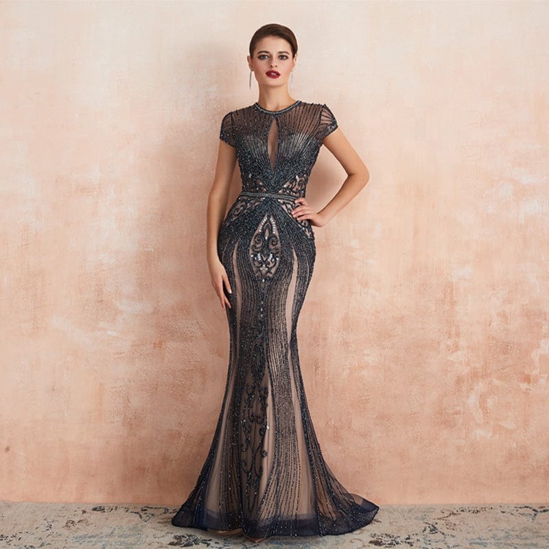 New Style Breathable Plus Size Short Sleeve O Neck Floor Length Ladies Luxury Sexy Lace Crystal Embroidered Beaded Evening Dress