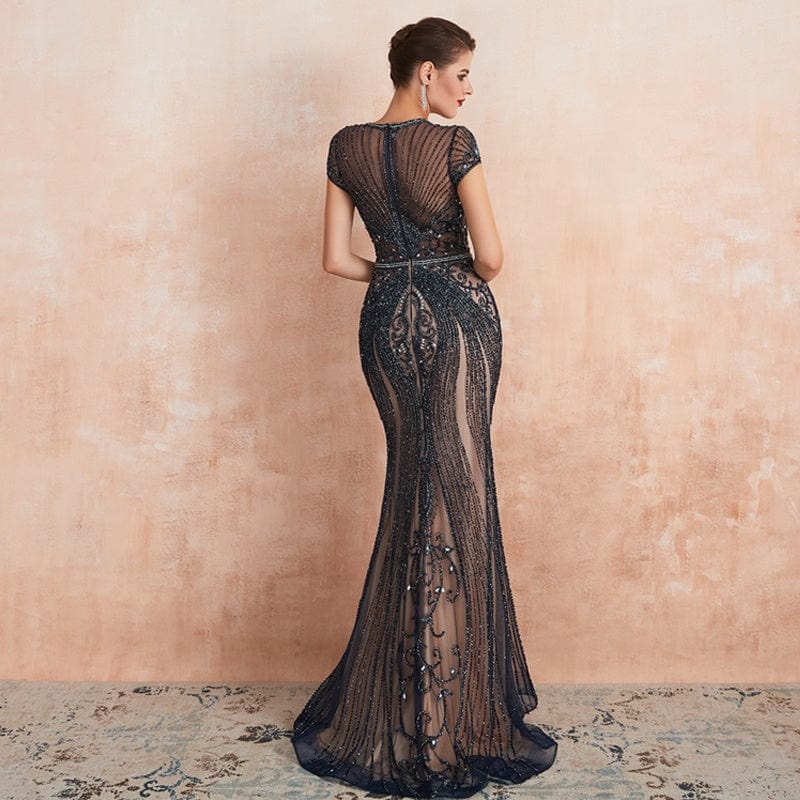 New Style Breathable Plus Size Short Sleeve O Neck Floor Length Ladies Luxury Sexy Lace Crystal Embroidered Beaded Evening Dress