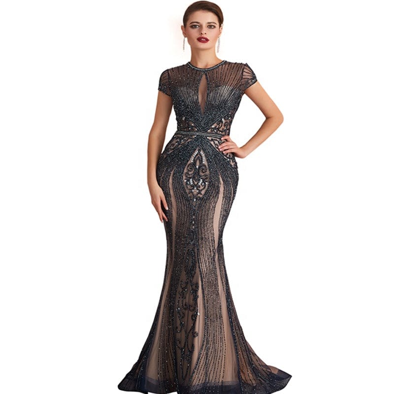 New Style Breathable Plus Size Short Sleeve O Neck Floor Length Ladies Luxury Sexy Lace Crystal Embroidered Beaded Evening Dress