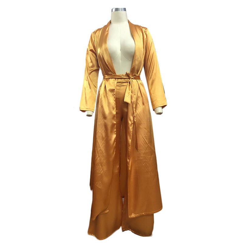 new style hot sell pure color two piece wide leg pants set silk robe cardigan jacket matching straight trousers 2 piece outfits