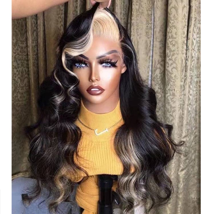 New Style Long Highlight Brown And Blonde Color Pre Plucked Real Raw Human Hair 13*4 Swiss Lace Front Wigs