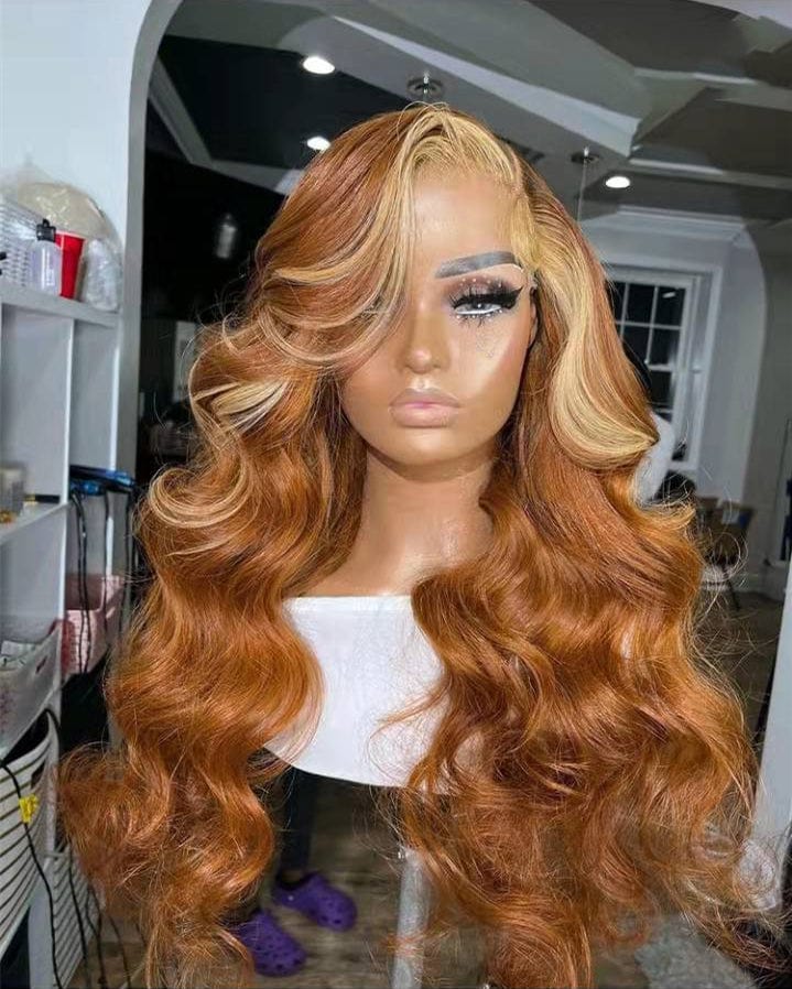 New Style Long Highlight Brown And Blonde Color Pre Plucked Real Raw Human Hair 13*4 Swiss Lace Front Wigs