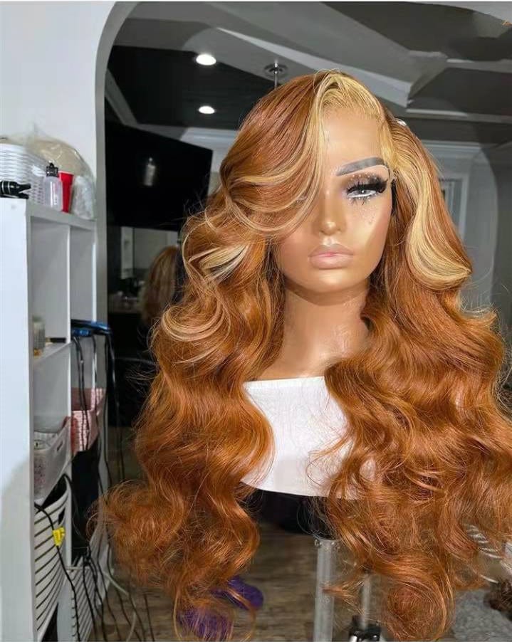 New Style Long Highlight Brown And Blonde Color Pre Plucked Real Raw Human Hair 13*4 Swiss Lace Front Wigs