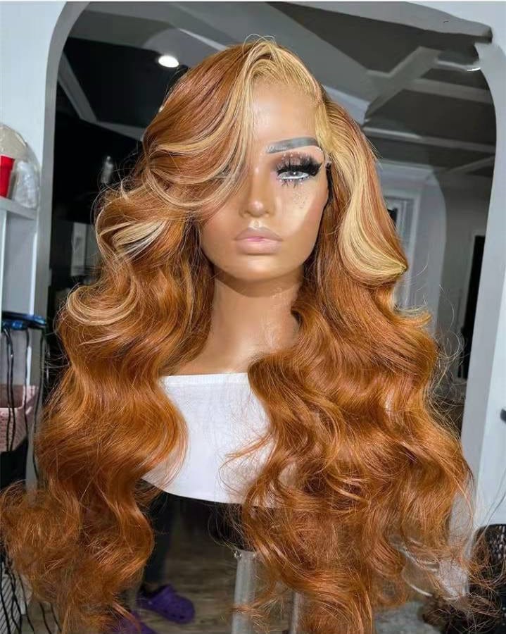 New Style Long Highlight Brown And Blonde Color Pre Plucked Real Raw Human Hair 13*4 Swiss Lace Front Wigs