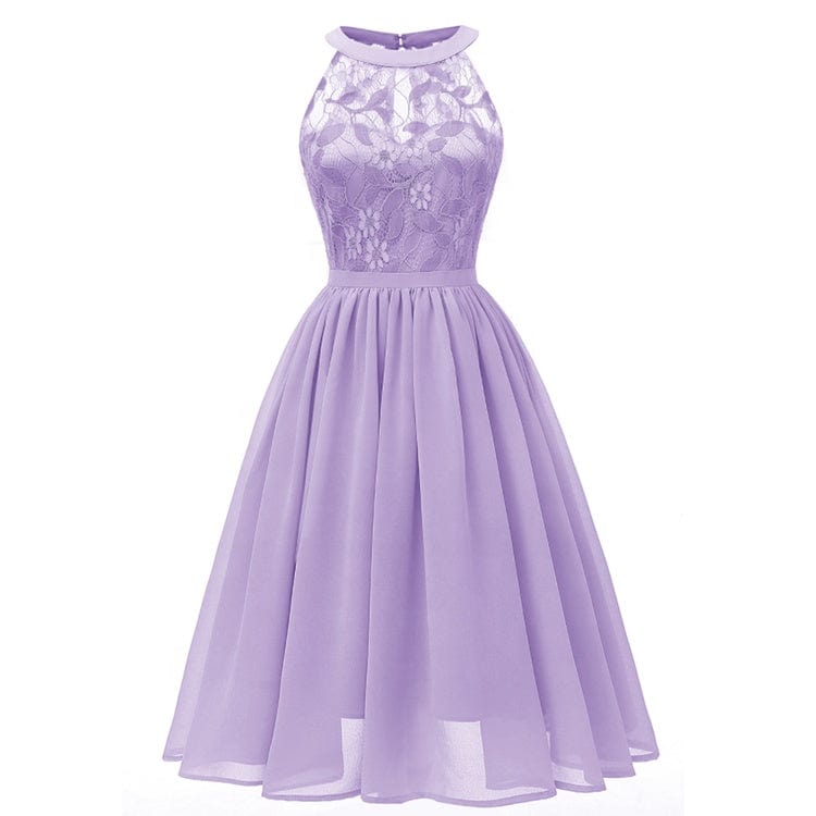 New Style Summer Sleeveless Lace Embroidery woman Dress Halter Neck Dress Knee-length Ruched Bridesmaid Dresses With Zipper