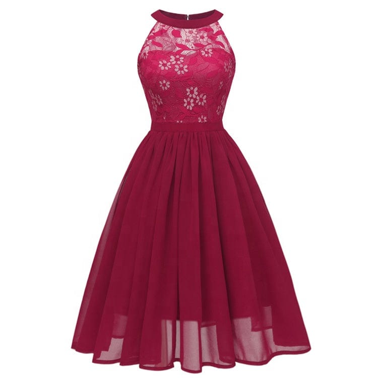 New Style Summer Sleeveless Lace Embroidery woman Dress Halter Neck Dress Knee-length Ruched Bridesmaid Dresses With Zipper
