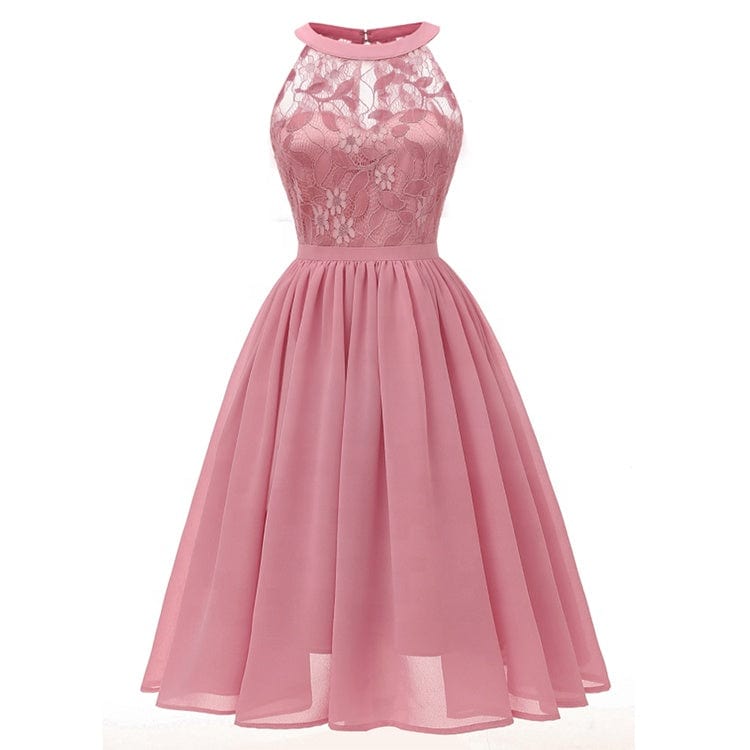 New Style Summer Sleeveless Lace Embroidery woman Dress Halter Neck Dress Knee-length Ruched Bridesmaid Dresses With Zipper