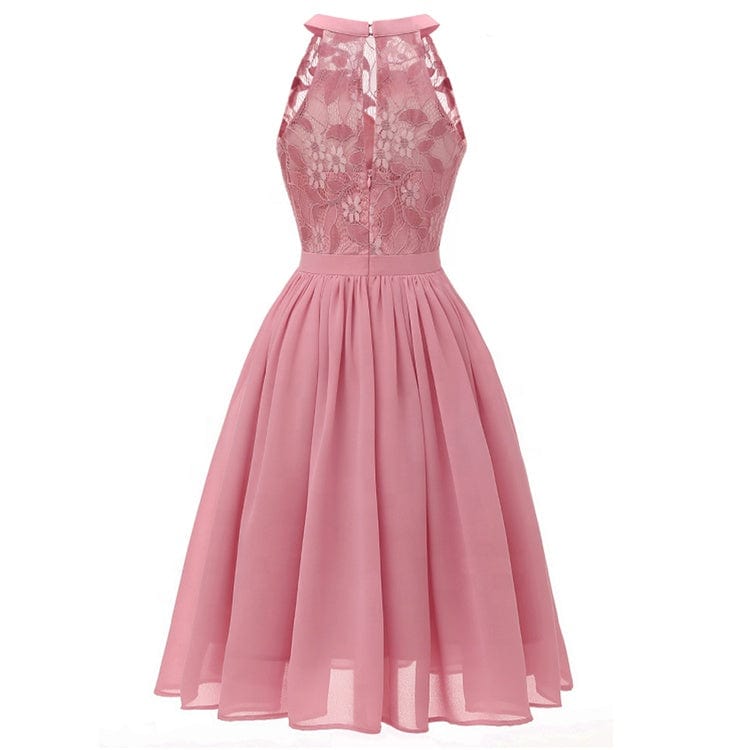 New Style Summer Sleeveless Lace Embroidery woman Dress Halter Neck Dress Knee-length Ruched Bridesmaid Dresses With Zipper