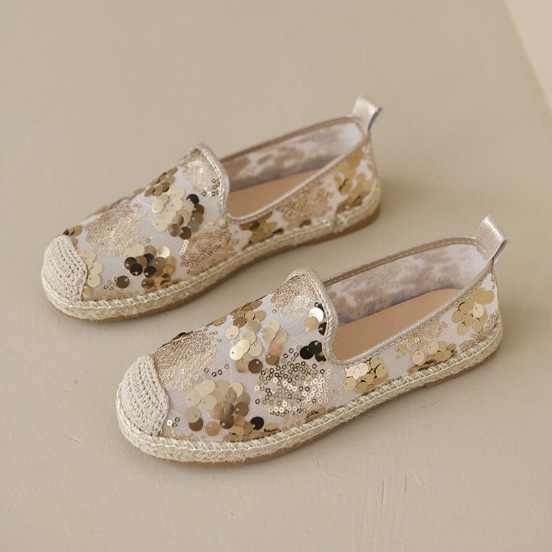 New styles wholesale flat lady espadrille made in china glitter shining canvas flat womens low casual shoes with high quality