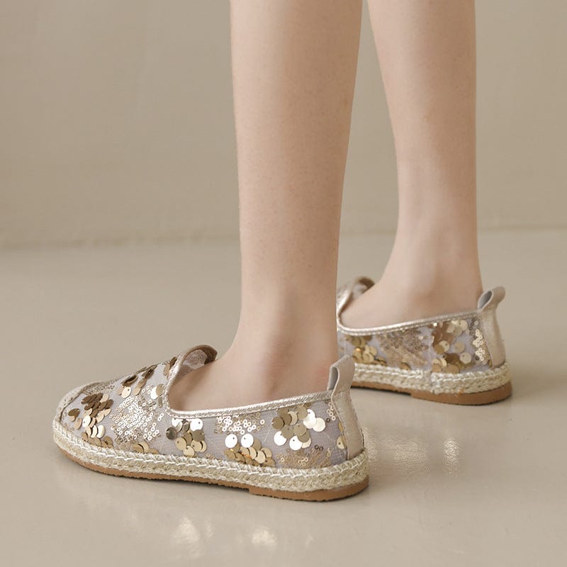 New styles wholesale flat lady espadrille made in china glitter shining canvas flat womens low casual shoes with high quality