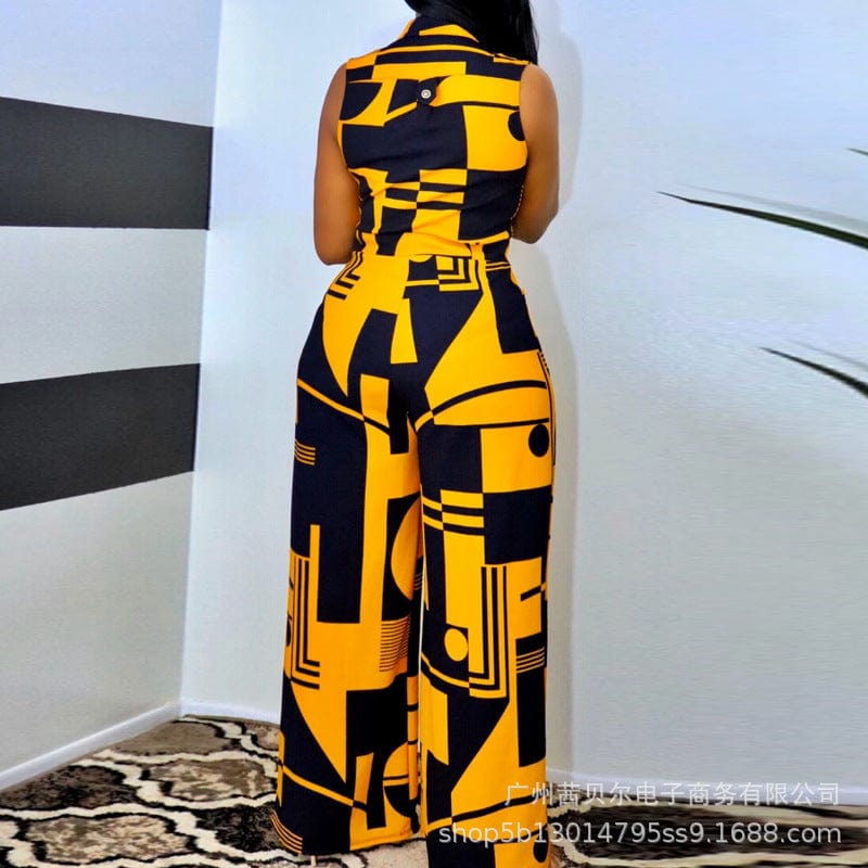 New Summer Printed V Neck Sleeveless Fashion Button Up Pockets Women Casual Jumpsuit