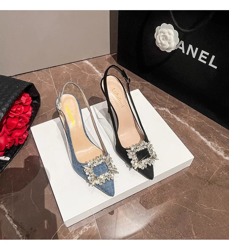 New Summer Women Sandals Thin Heels Suede Square Buckle Rhinestone High Heels Ladies Heels Shoes