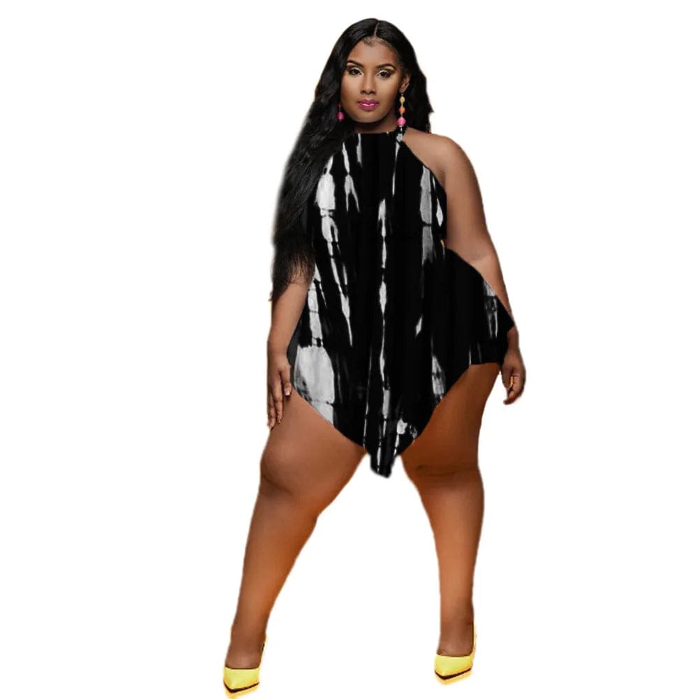 New Summer Zipper Tie Dye Sleeveless Bodysuit High Waist Oversized Rompers Women Clothing Short Plus Size One Piece Jumpsuit