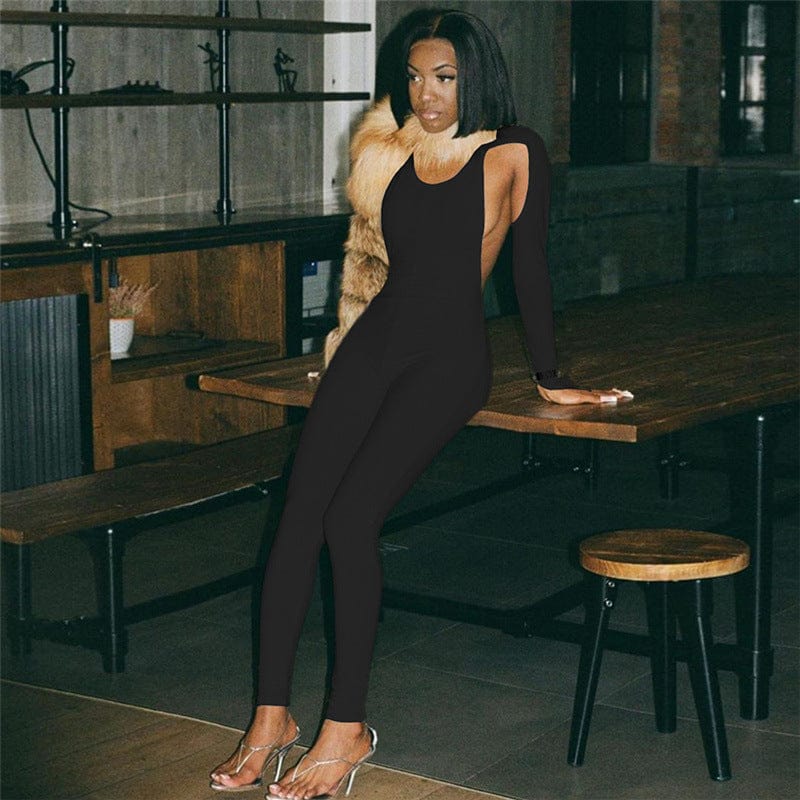 New Trend Deep O Neck Solid Color Rib Fabric Long Sleeve Jumpsuits Women Bodysuit Sexy Jumpsuit