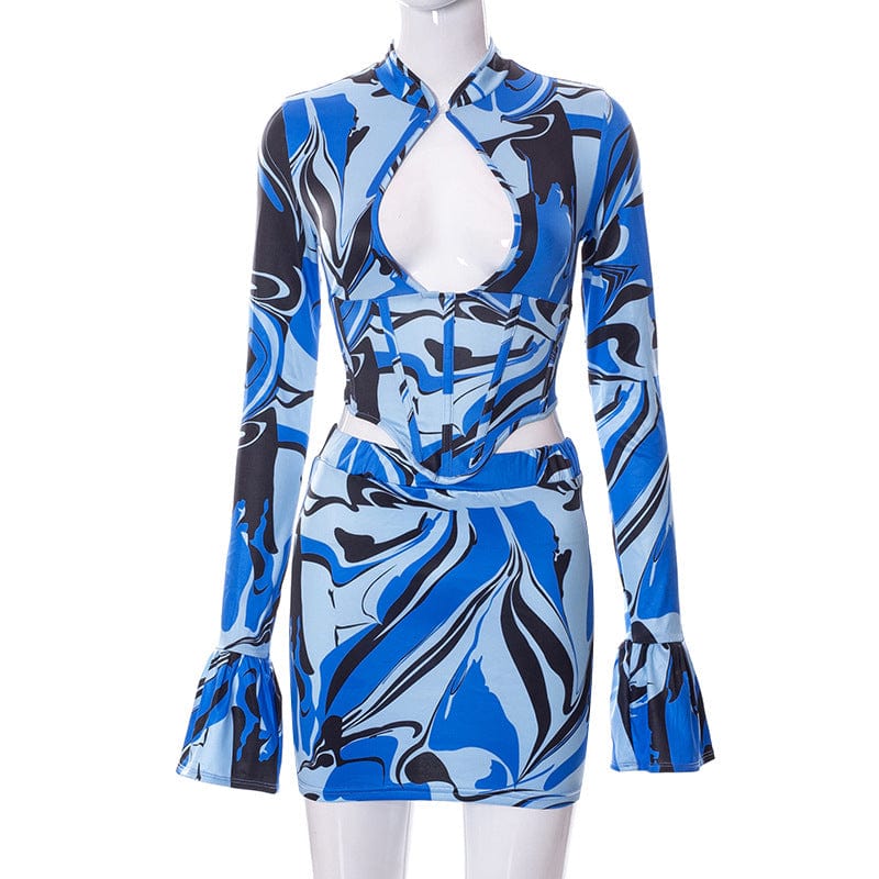 New Trendy Fall Clothing Print Puff Sleeve Casual Two Piece Skirt Sets Skirt Matching Set Ladies Two Piece Set Outfit Dresses