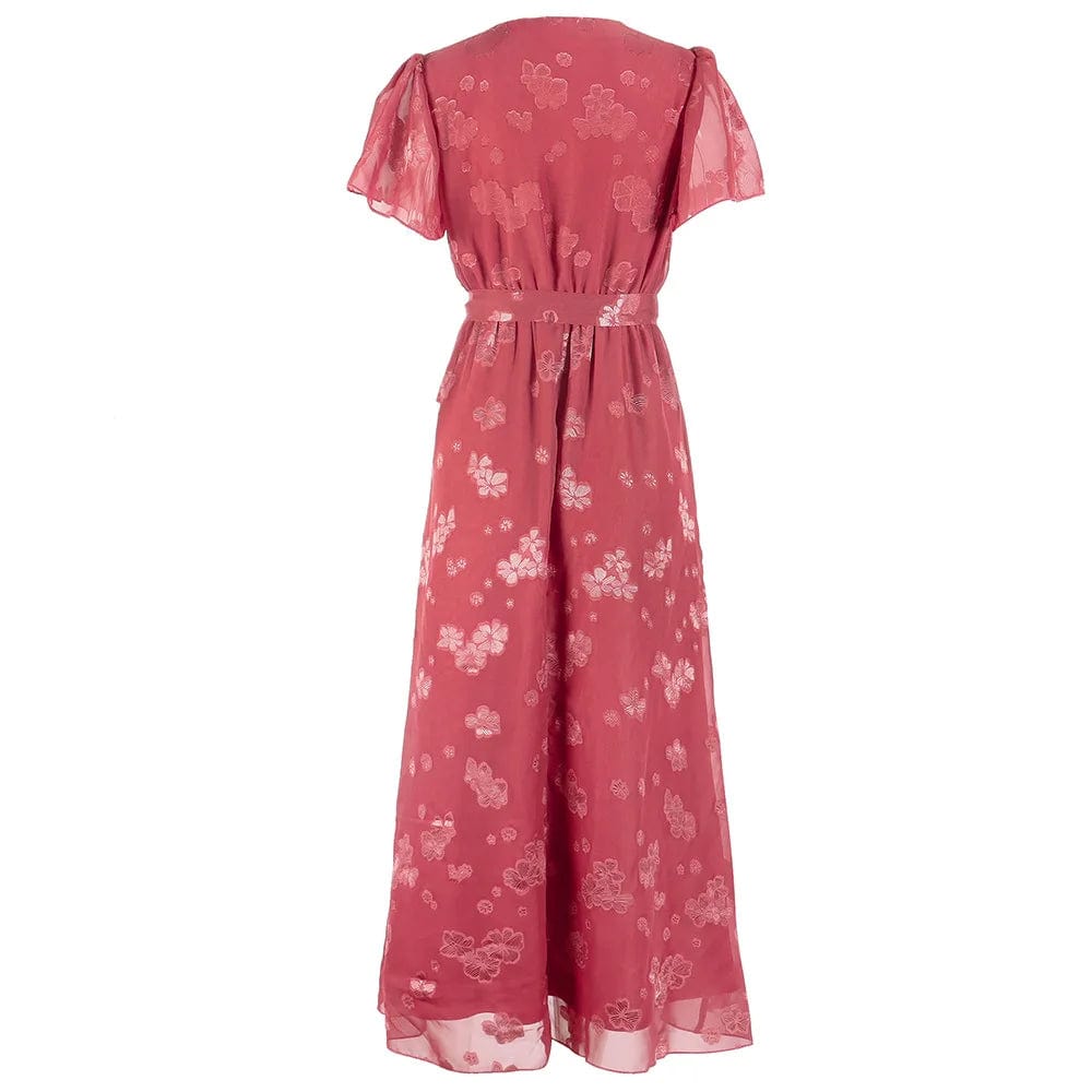 New V-neck High Waist Lacing Jacquard Slit Solid Color Short Sleeve Spring Summer Casual Daily Women Long Dress