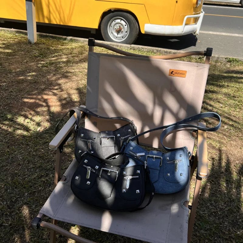 New Vintage Jeans Denim Rivets Half Moon Bag Luxury Brandy Women's Cowboy Shoulder Underarm Bag Y2K Cool Girls Crescent Handbag