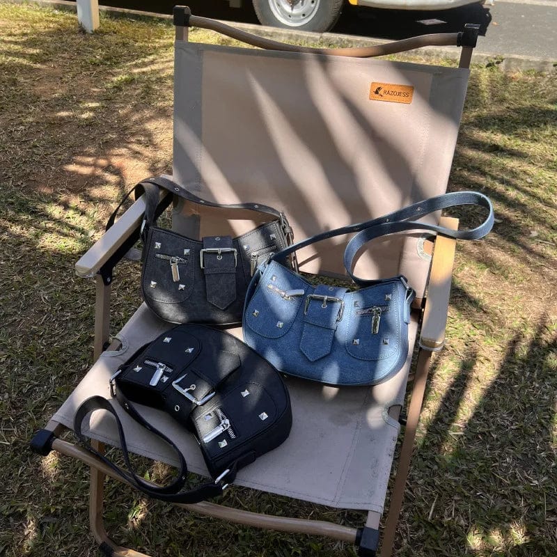 New Vintage Jeans Denim Rivets Half Moon Bag Luxury Brandy Women's Cowboy Shoulder Underarm Bag Y2K Cool Girls Crescent Handbag