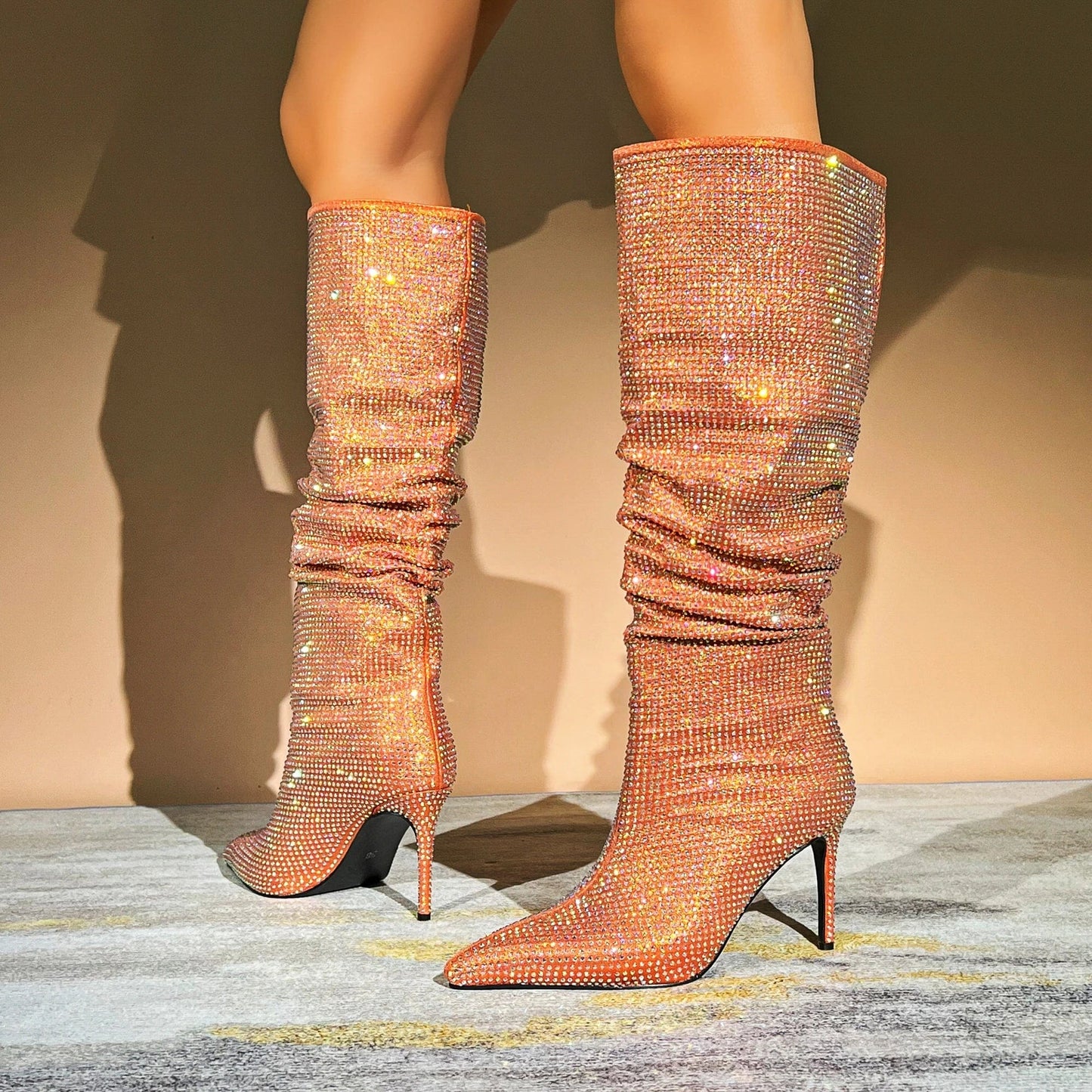 New Winter Custom Designer Sexy Thin Heel Knee Boots Women Pointed Drilling Women's Knee High Leather Boots