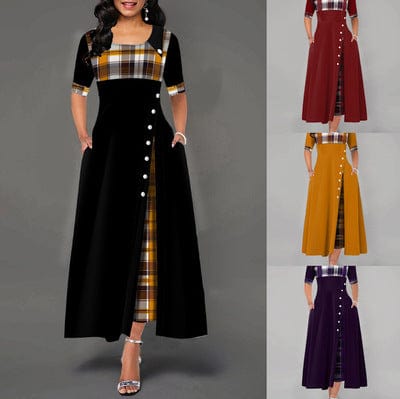 New women's contrast color mid-sleeve irregular dresses long dress plaid printing women's dress for boutique