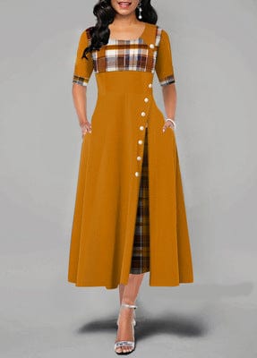 New women's contrast color mid-sleeve irregular dresses long dress plaid printing women's dress for boutique