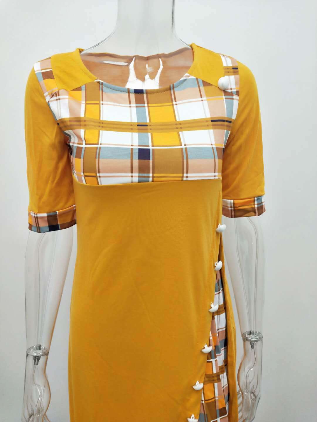 New women's contrast color mid-sleeve irregular dresses long dress plaid printing women's dress for boutique