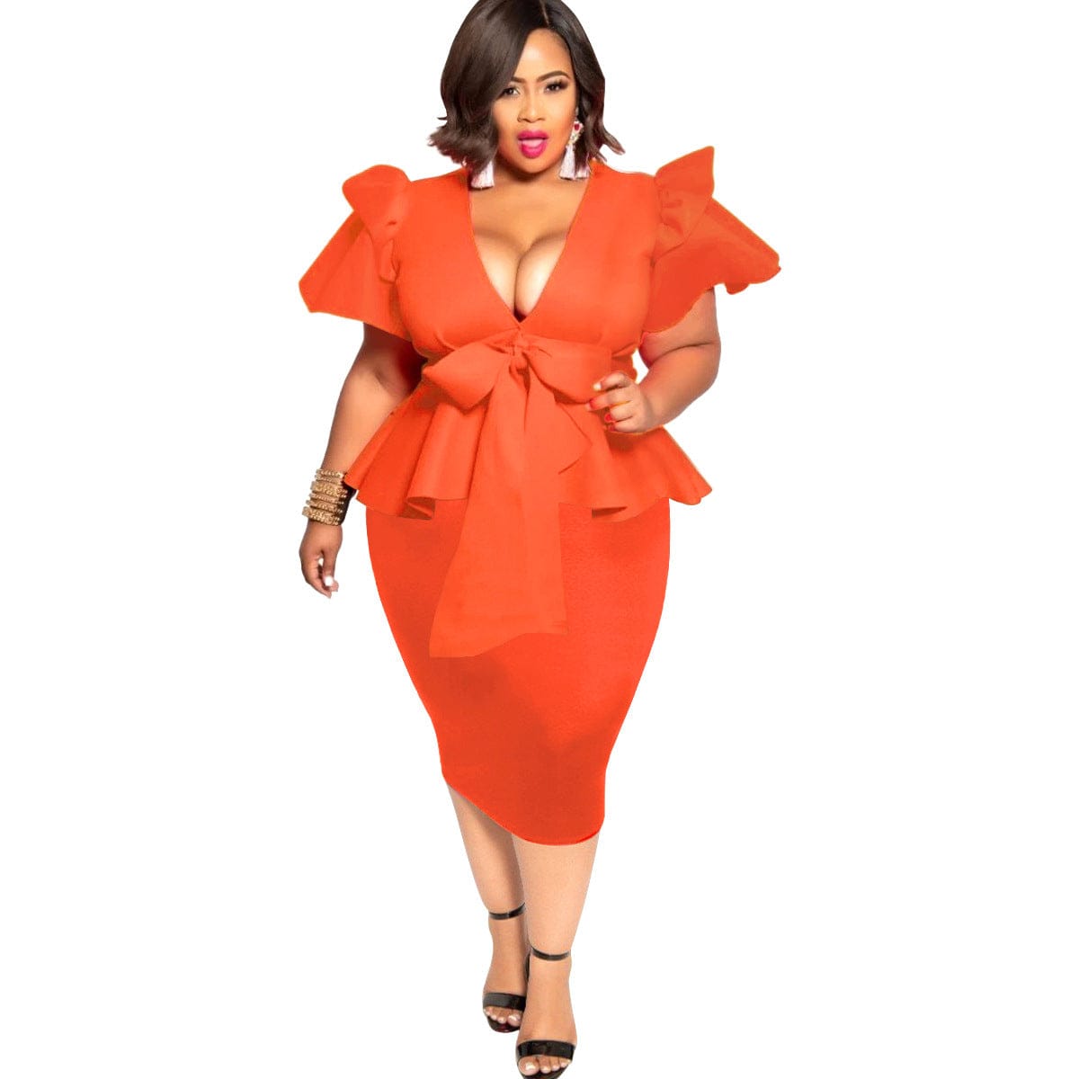 New Women's Plus Size Dress Fashion Bow Short Sleeve Office Dress