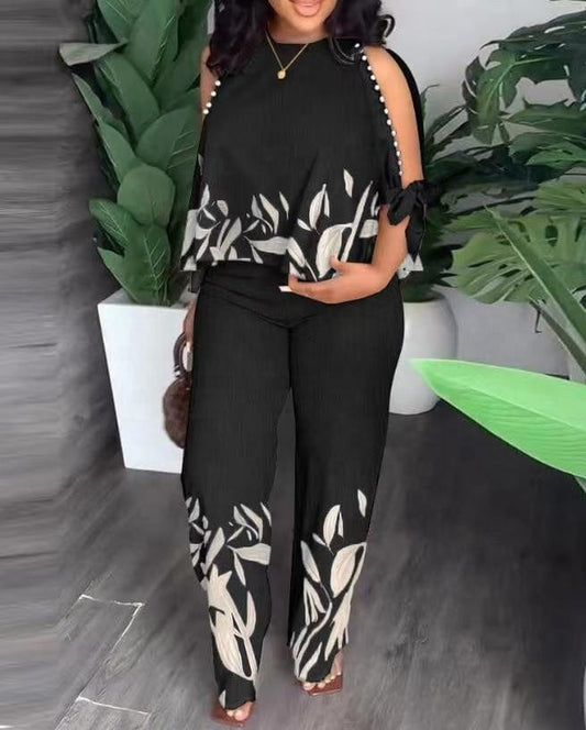 New Women's Round Neck Plunger Mid Sleeve Beaded Printed Pants Set Plus Size Suit