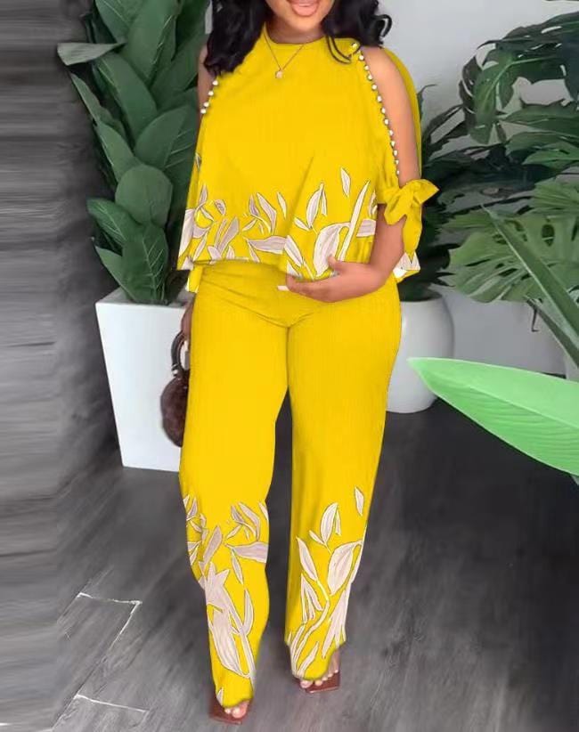 New Women's Round Neck Plunger Mid Sleeve Beaded Printed Pants Set Plus Size Suit