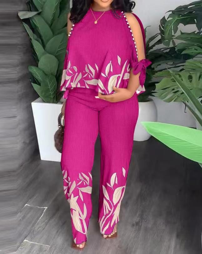 New Women's Round Neck Plunger Mid Sleeve Beaded Printed Pants Set Plus Size Suit