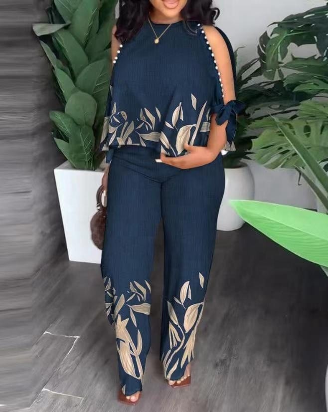 New Women's Round Neck Plunger Mid Sleeve Beaded Printed Pants Set Plus Size Suit
