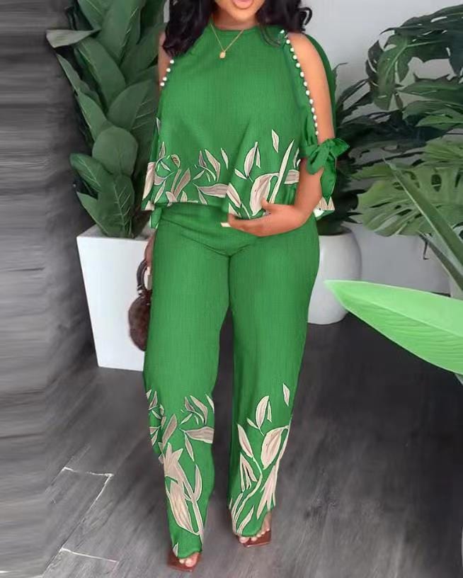 New Women's Round Neck Plunger Mid Sleeve Beaded Printed Pants Set Plus Size Suit