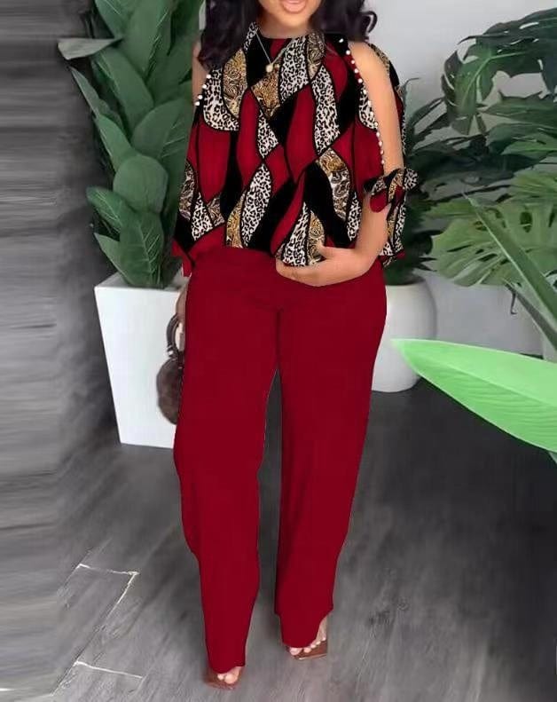 New Women's Round Neck Plunger Mid Sleeve Beaded Printed Pants Set Plus Size Suit