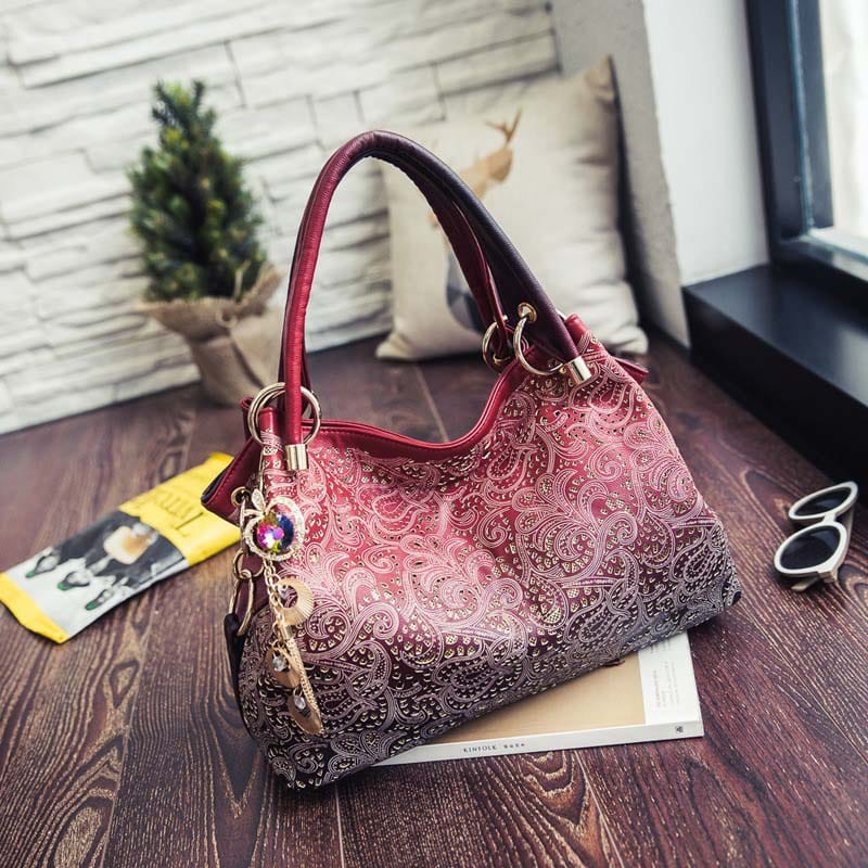 New Women's Vintage Hobo Floral Hollow Out Shoulder Bags Ladies PU Leather Polyester Tote Bag with Tassel