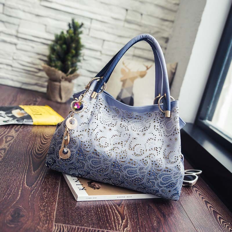New Women's Vintage Hobo Floral Hollow Out Shoulder Bags Ladies PU Leather Polyester Tote Bag with Tassel